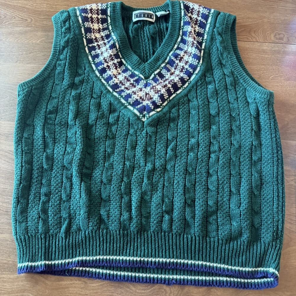 Vintage Grandpa Sweater Vest Mens L Hunter Green Cable Knit Studio 90s Golf